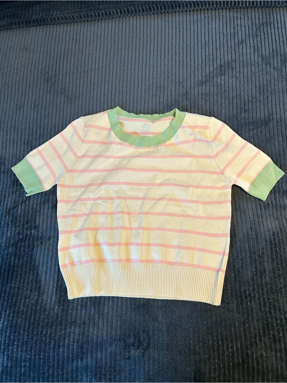 SHEIN Cream Short Sleeve Crewneck Sweater with Pink Stripes and Green Trim